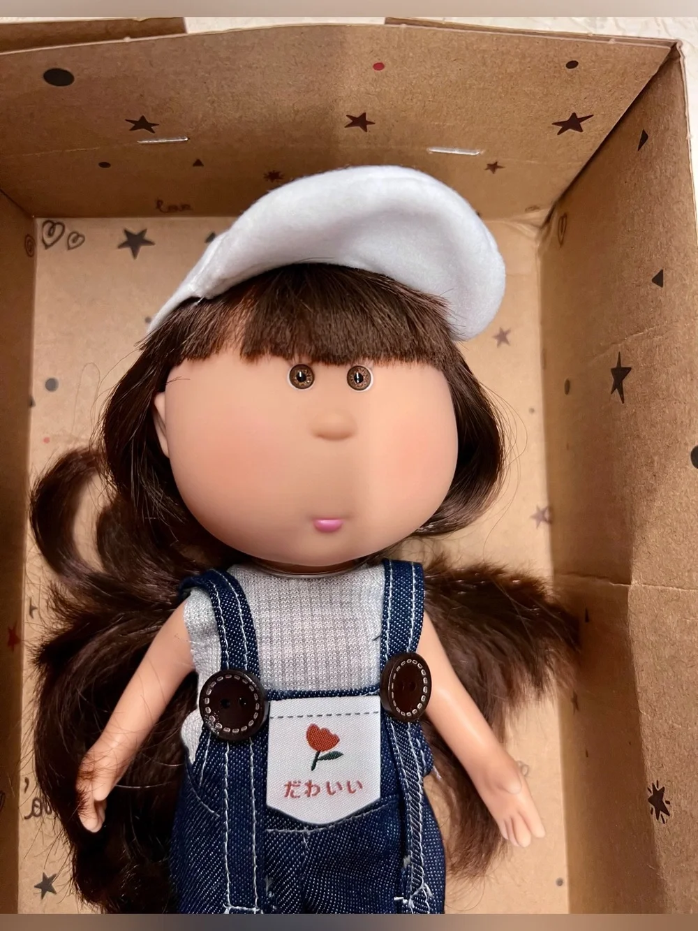 New, Mia Potato Fashion Doll with Brown Hair and White Cap - Cute Jean Overalls